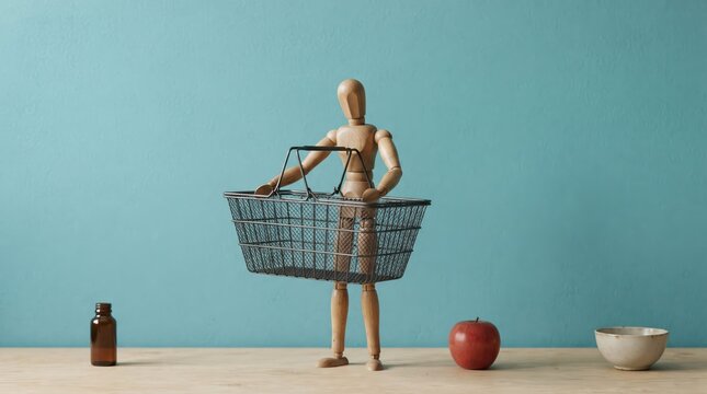 Wooden mannequin holding shopping basket with laptop