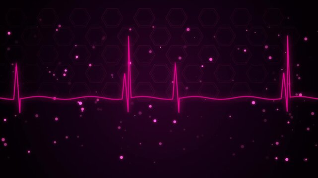 Heartbeat pulse trace with hexagonal pattern background and small particles floating around.