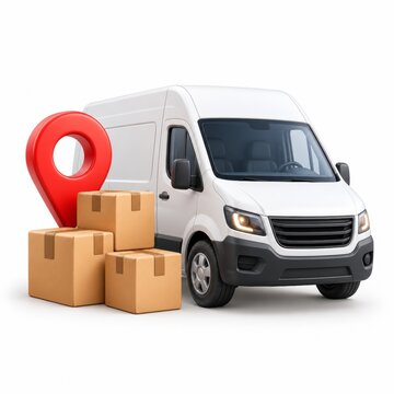 Delivery Van With Packages and Location Pin for Last Mile Logistics and Shipping