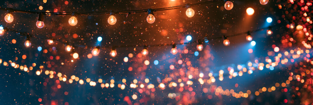 Verschwommene Lichterkette funkelt warm in der Nacht