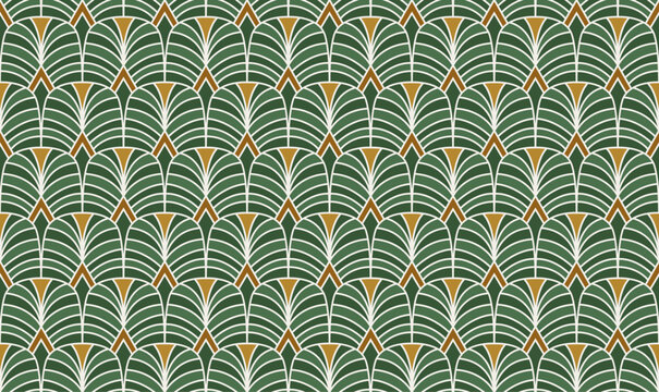 Green and gold art deco fan palm seamless vector pattern background