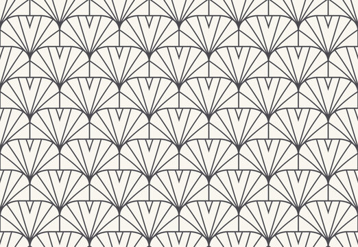 Black line art deco fan seamless vector pattern background