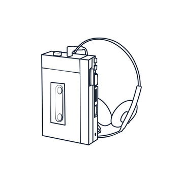 Retro portable cassette player vector illustration, vintage walkman with headphones outline design for 80s music style