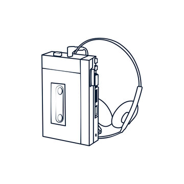 Retro portable cassette player vector illustration, vintage walkman with headphones outline design for 80s music style