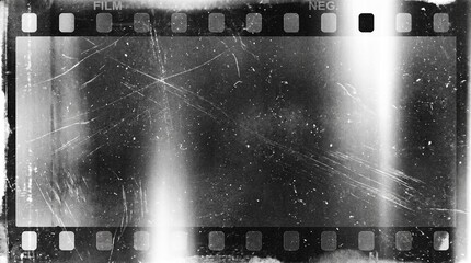 Fototapeta premium Old film texture with scratches, noise and light leaks. Realistic transparent overlay film texture in black-white, dust and grain. Distressed retro movie or photo negative effect of cinema nostalgia