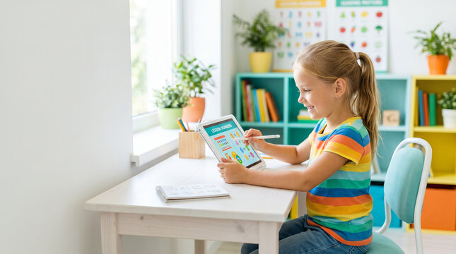 Child using tablet for schoolwork at a bright home study space  