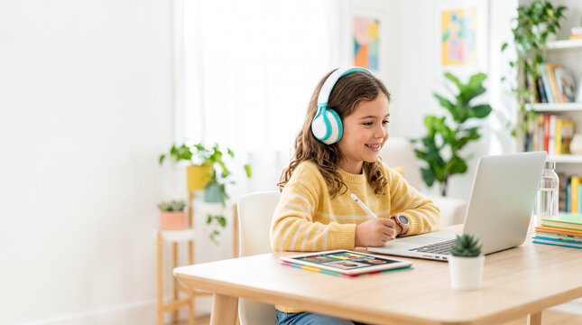 Child wearing headphones for online class, engaged and focused at home  