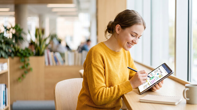 Student using a stylus on a tablet while sitting in a modern library  