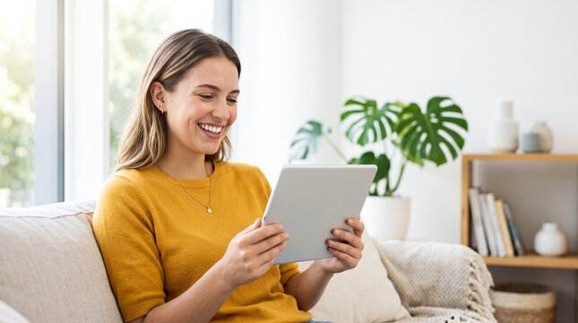 Woman watching educational video on tablet in modern living room  