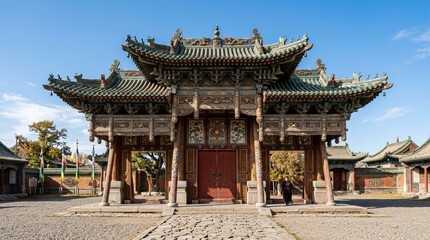 Fototapeta premium Traditional Mongolian Monastery Gate, Buddhist Architecture, Ulaanbaatar, Asia