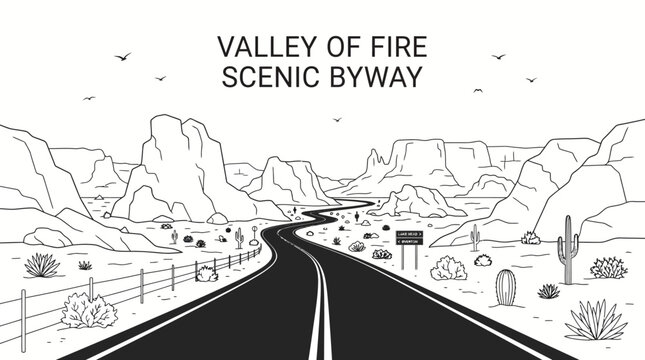 Very beautiful black and white flat realistic vector illustration of Valley of Fire Scenic Byway Nevada featuring an empty desert road, red sandstone formations, sparse plants, VALLEY OF FIRE SCENIC B