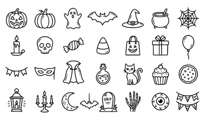 Fototapeta premium Halloween Party Pumpkin Ghost Witch and Decoration 30 Hand Drawn Icons
