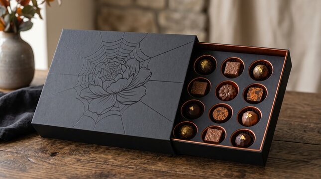 Open black gift box revealing assorted luxury chocolates with gold leaf accents chocolate box fancy chocolates individually wrapped baked good dark chocolate milk chocolate fine chocolate