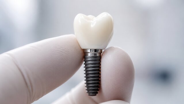 Close up of single dental implant with ceramic crown held by dentist in sterile clinical environment for care