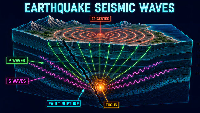 Earthquake Seismic Waves Map Focus Epicenter and Wave Paths