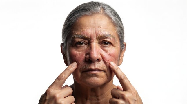 Close up portrait of an elderly woman showing severe dry flaky psoriasis or eczema plaques on her face