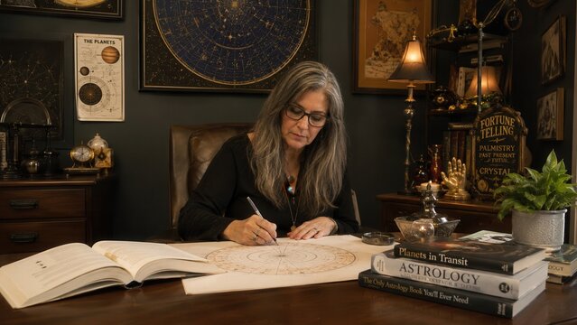 Professional astrologer creating natal chart in mystical office with celestial maps and astrology books indoors