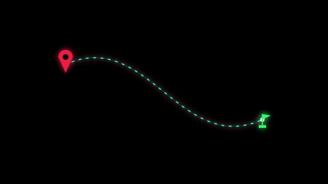 Delivery tracking animation showing white point moving along dashed path on dark back with icons.