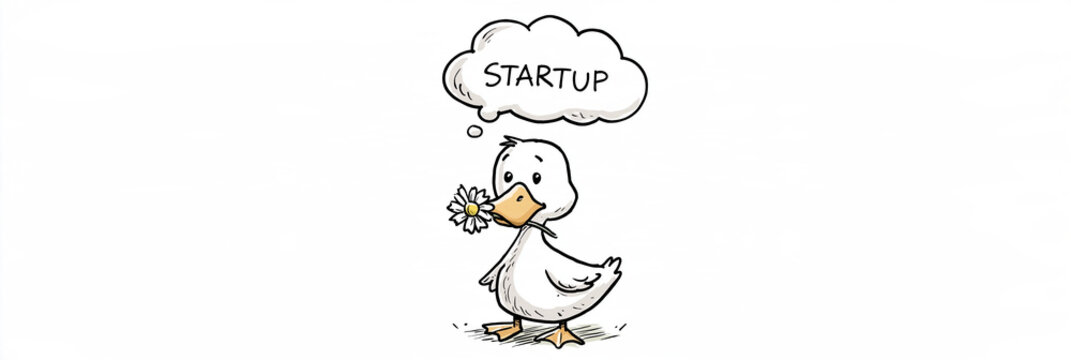 Handgezeichnete Ente mit Sprechblase "Srartup", Skizzenstil-Illustration