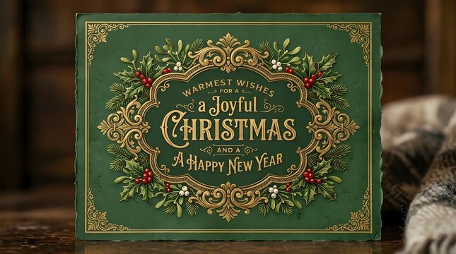 Vintage green christmas card with ornate gold foil frame, pine sprigs, mistletoe, and red berries with warmest wishes text