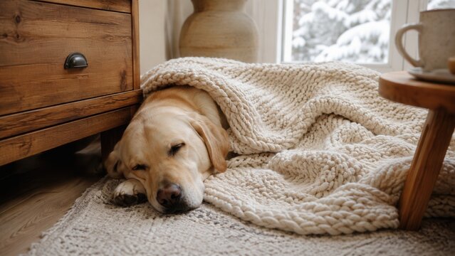 Sleeping Labrador dog covered with a soft knitted blanket in a cozy home on a peaceful winter morning
