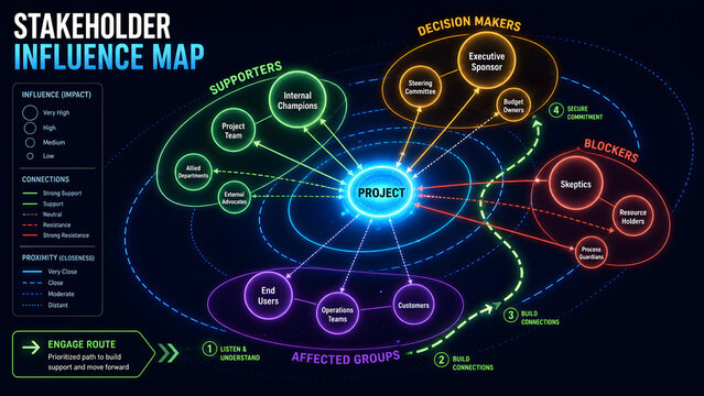 Stakeholder Influence Map Shows Supporters Blockers and Decision Roles
