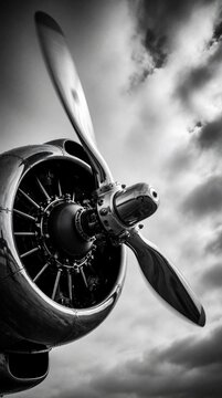 Monochrome airplane propeller spins fast against cloudy sky. Shiny metal engine detail on vintage aircraft. Powerful machine moves through air transport.