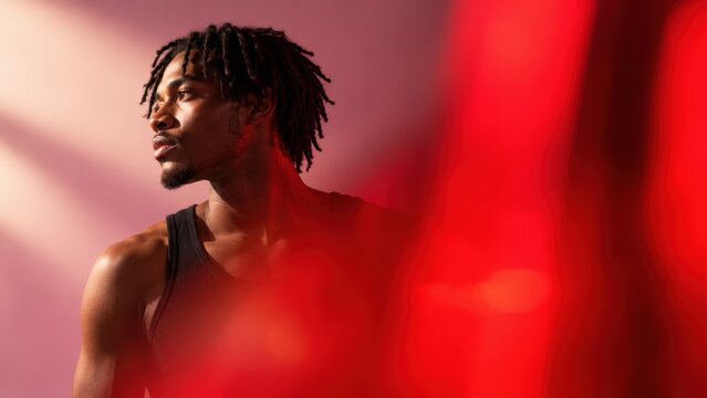 Young man with braided hair looking away in red studio lighting with dreadlocks wears black tank top