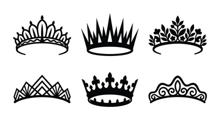 Six black silhouettes of ornate crowns and tiaras against a white background headwear regalia royal © rafsan333