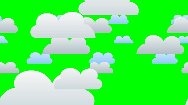 A continuous 8-second looping animation of premium 2D cartoon clouds drifting seamlessly on a solid chroma green background for easy keying.