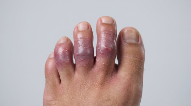 Severely swollen, purple toes with blisters, possibly symptoms of chilblains, severe infection, or gout.