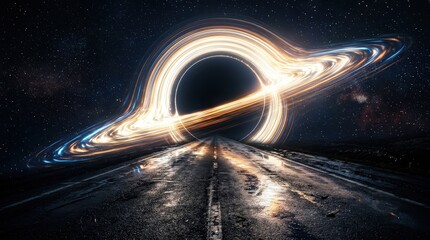 Obraz premium Cinematic Digital Art of a Massive Black Hole with Glowing Accretion Disk Hovering Over a Wet Asphalt Road at Night