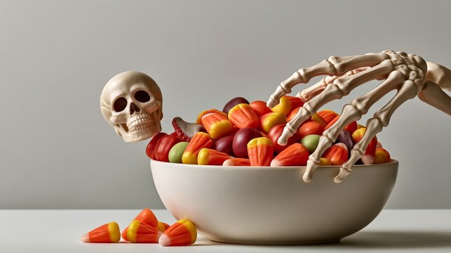 Halloween Objects with Humor photo: a plastic skeleton hand reaching out from the right side of a bowl of candy as if wanting a piece, on a bright white wall.
