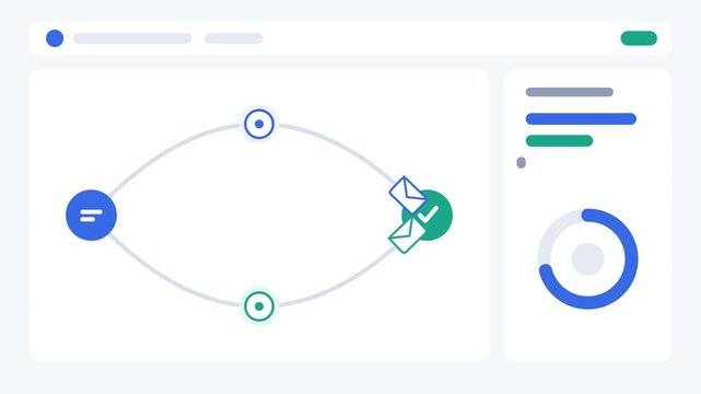 Premium flat 2D vector animation of an email delivery network routing packets, featuring skeleton UI and smooth bezier motion.