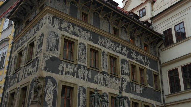 Prague Old Town House at the Stone Bell Facade with Sgraffito Medieval Artwork