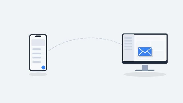 Premium 2D cartoon animation of an email envelope traveling back and forth between a mobile phone and a desktop computer in a seamless loop.