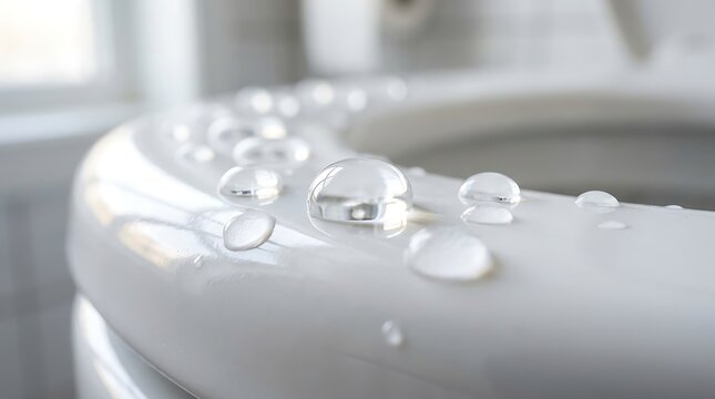 Close up of clear water droplets on the white ceramic rim of a toilet bowl in a bright bathroom showing surface tension and cleanliness for hygiene and plumbing concepts