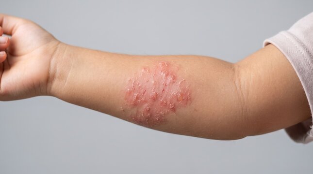 Close up of a severe red blistery rash or eczema on a child's arm