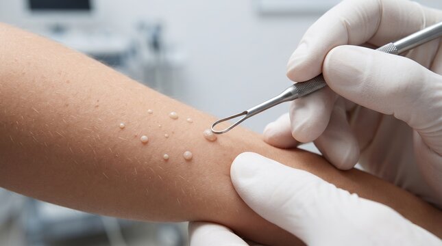 Dermatologist removing molluscum contagiosum or warts from patient's arm using an extractor tool