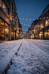 Obraz premium Snowy city street at night with warm bokeh lights and copy space