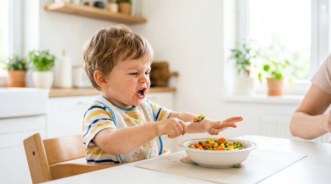 Toddler refusing mixed vegetables while sitting at a bright kitchen table  