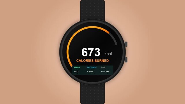 Digital smartwatch screen showcasing essential fitness metrics, prominently displaying total calories burned, steps taken, and distance covered with an active progress ring