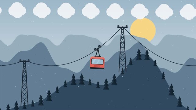 A premium 4K 2D flat cartoon travel motion graphic showing a cable car traveling seamlessly across an alpine landscape with rich multi-layered parallax, dynamic cable physics, and rotating mechanics.