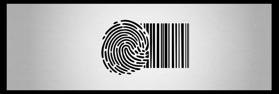 Fingerabdruck verwandelt sich in Strichcode, Schwarz-Wei&szlig;-Grafik