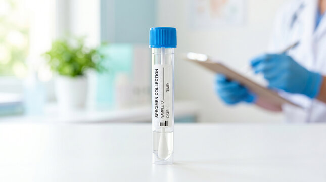 Sample collection swab in transport tube on a laboratory table  