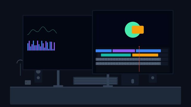 A premium 4K 2D flat motion graphic of a professional video editing workstation featuring smooth timelines, moving playheads, audio waveforms, and dual monitor setups.