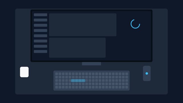 Premium 4K 2D flat illustration motion graphic of a software development workspace featuring a large monitor, mechanical keyboard, and abstract coding modules reorganizing seamlessly.