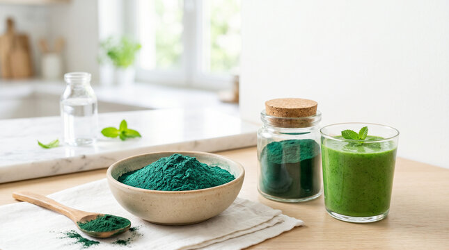 Spirulina powder dried blue green in a bowl with drink and jars  