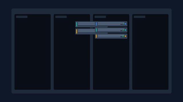 A premium 4K 2D flat animation of a project management Kanban board with progressive card accumulation across columns in a seamless 8-second loop.