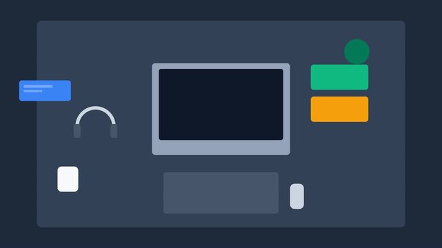 Premium 4K 2D flat illustration motion graphic of a digital customer support workspace featuring organized request cards, incoming abstract messages, and headset choreography.